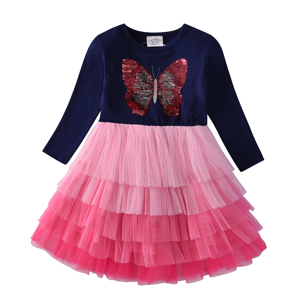 VIKITA Girls Butterfly Sequins Appliqued Dress Kids Long Sleeve Wedding Birthday Party Princess Dresses Girls Cake Tutu Dress