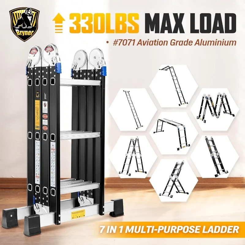 Ladder,  7 in 1 Multi-Purpose Ladder Aluminium Extension Ladder 12Ft Folding Adjustable Telescoping Step Ladder Heavy Duty