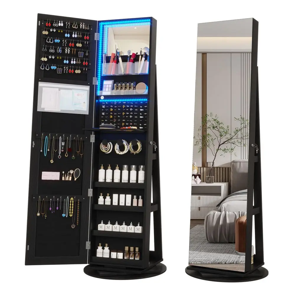 360 Swivel Mirror Jewelry Cabinet with Lights, Large Jewelry Armoire Cabinet Standing, Lockable Free length Mirror with Storage