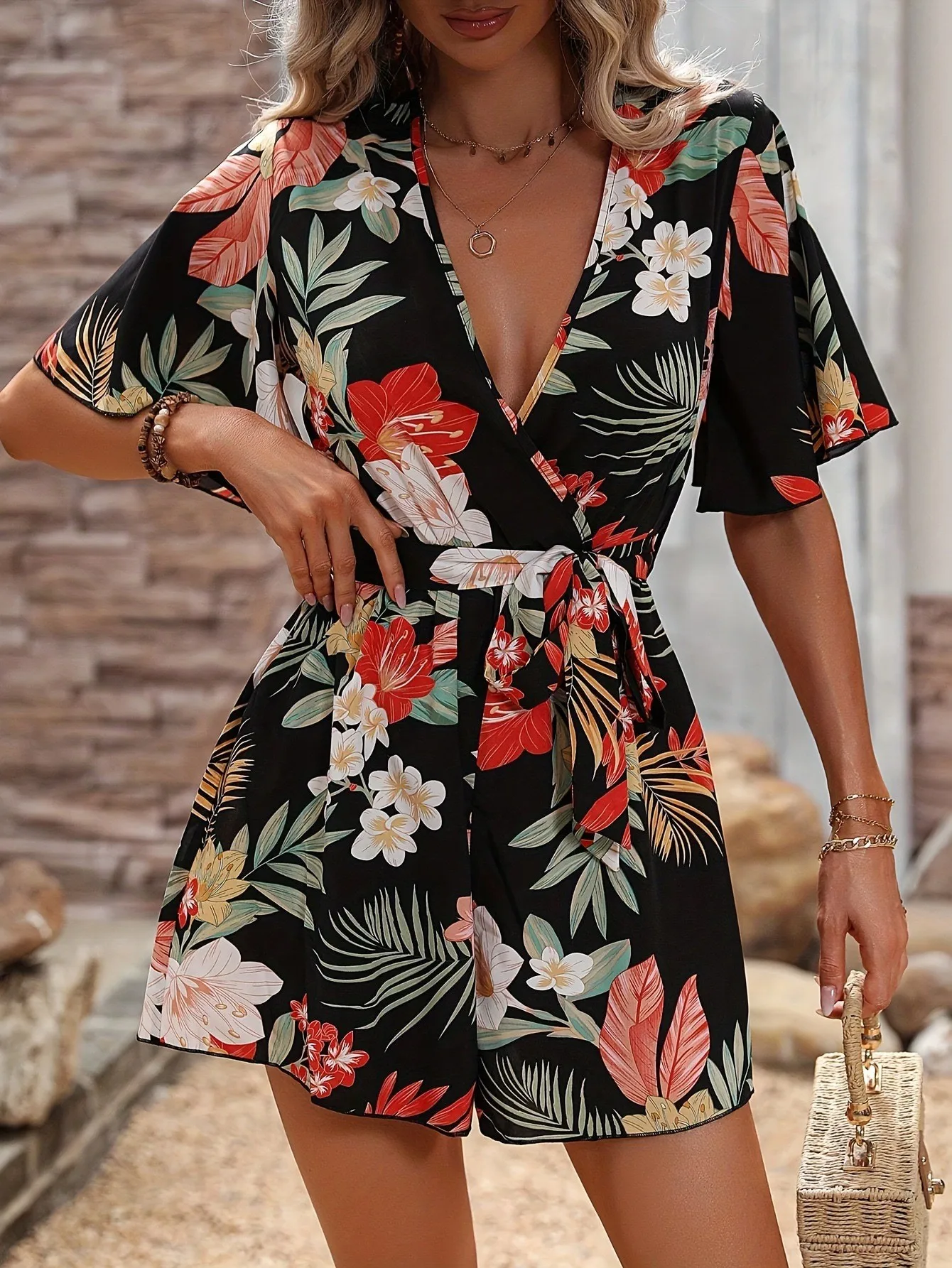 Summer Women's Clothing Rave Festival Rompers For Woman Elegant Jumpsuits High Waist Polyester Cropped Romper Ruffle Sleeves