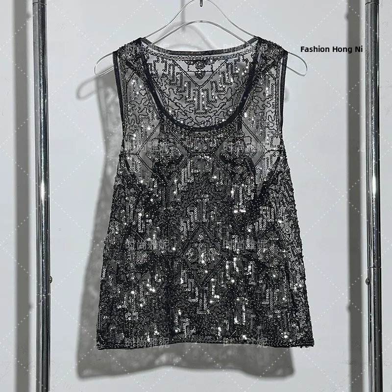 

Faionable Yan Ni Beaded Vest Top Casual Luxury Handmade Women's Slim Fit Performance Clothes Trendy Sequin Commute Sle