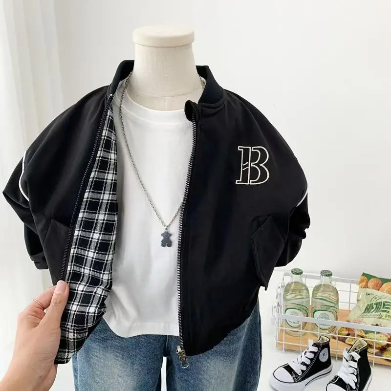 

Boys Both Sides Baseball Coat 2026 New Spring Autumn Wear Children's Casual Handsome Two Faced Jackets for Children's Plaid Top