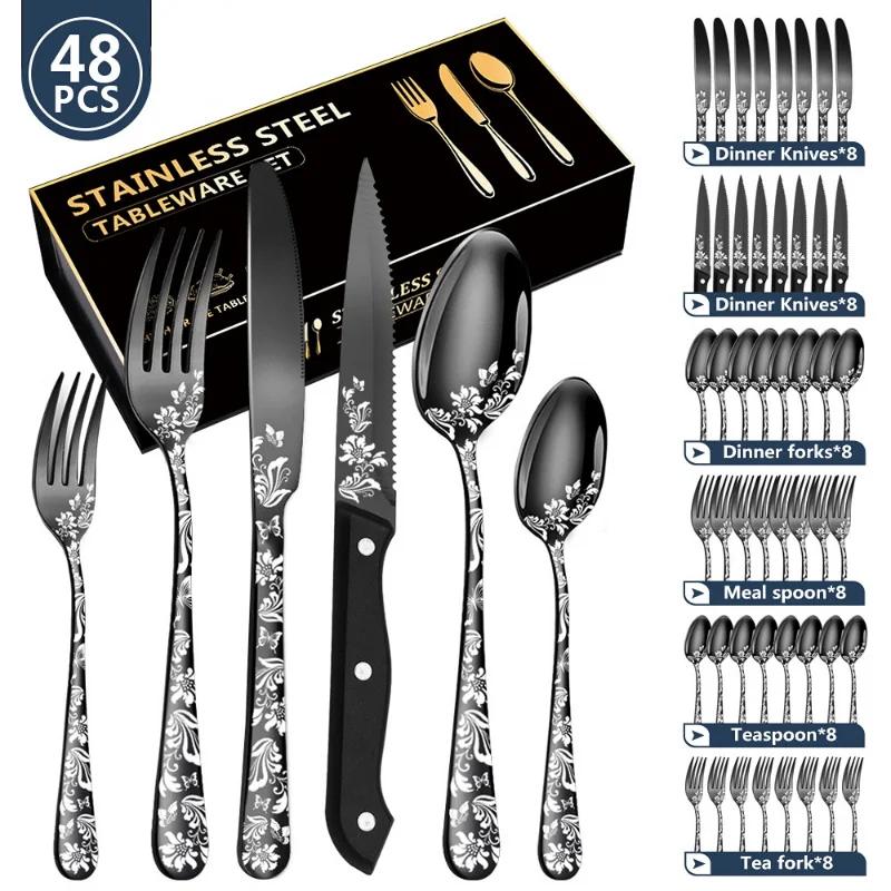 48-pcs Kitchen Accessories Printed Stainless Steel Tableware Pattern Western Food Steak Knife Fork Spoon Gift Box Set Dish Set