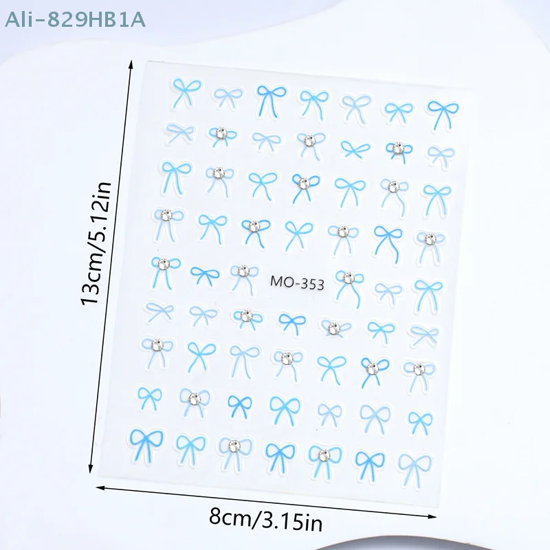 Blue Bow Nail Art Stickers Decals, 3D Self-Adhesive Nail Decals Rhinestones Bow Designs Nails Stickers For DIY Nails Manicure