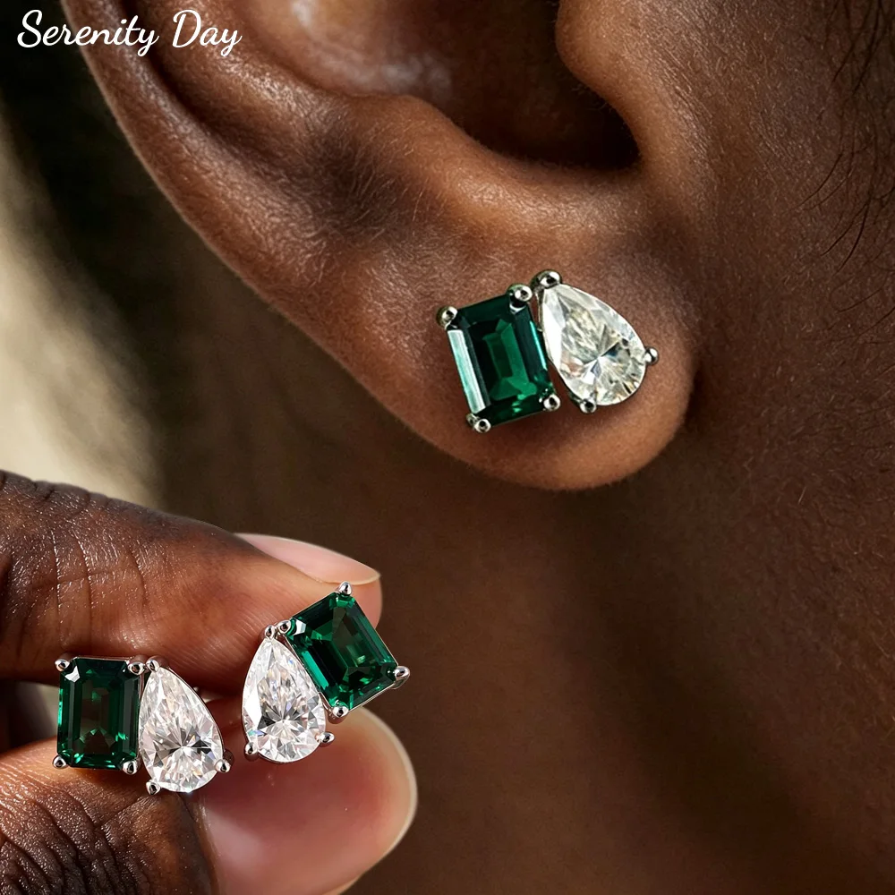 Serenity 5*8mm Natural Zambian Emerald/Moissanite Earrings Women Lab Grown Diamond Stud Ear S925 Sterling Silver Earring Jewelry