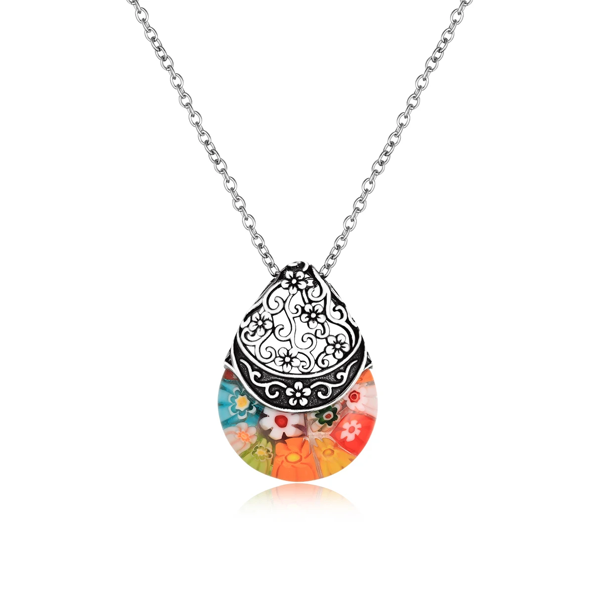 

Murano Style Millefiori Glass Necklace for Women Vintage Daisy Flower Stainless Steel Colorful Flower Pendant Necklace Unique Mo