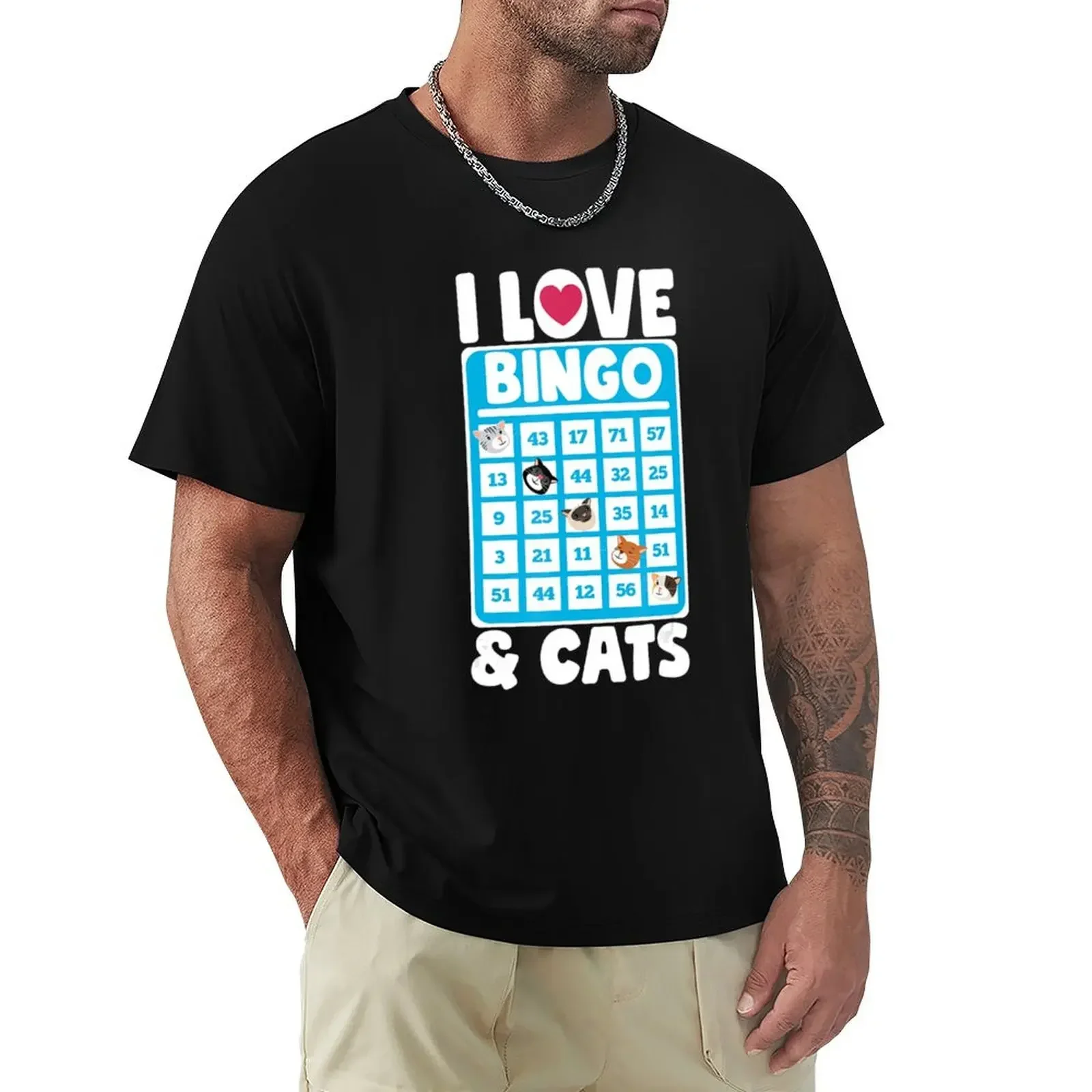 plain tees anime mens workout shirtsI Love Bingo And Cats Lucky Board Games Lover T-Shirt Round Collar harajuku Crewneck 2024