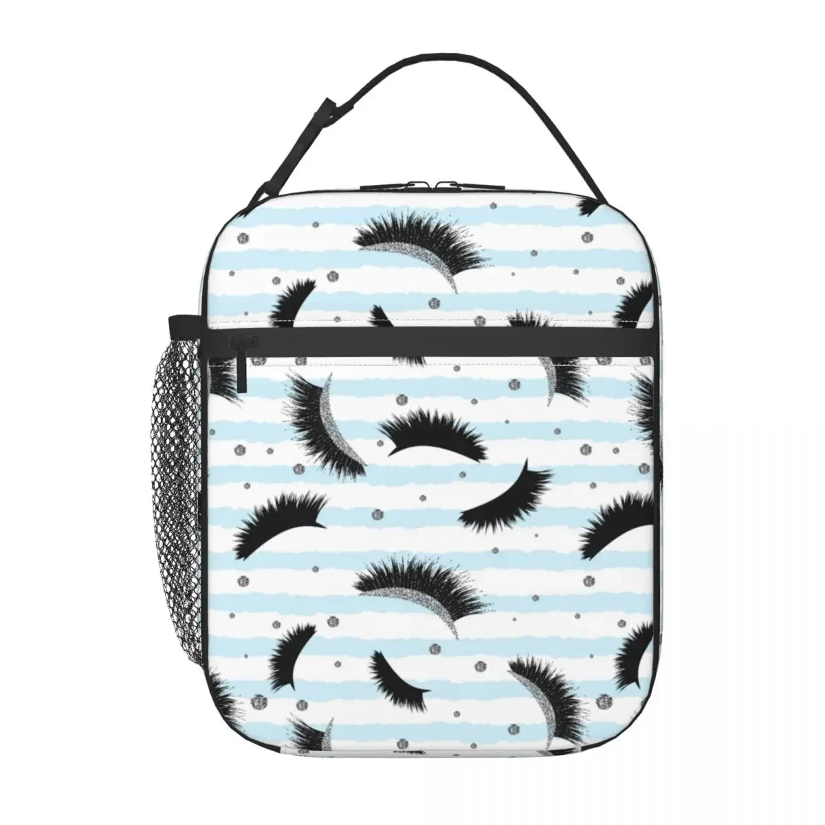 Eyelash Eyes Thermal Insulated Lunch Bags Silver Lashes Seamless Blue Stripes Portable Lunch Tote for Kid Multifunction Food Box