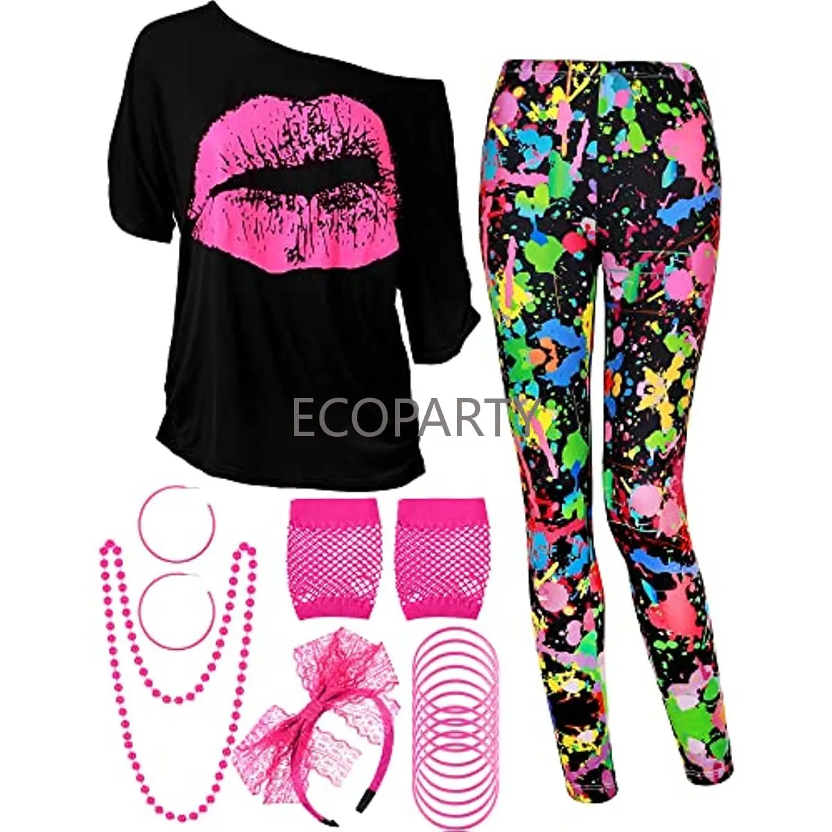 

80s Fancy Legging Pants Accessories Retro Women Party Costume Set Adult Neon Fishnet Gloves Beaded Necklace Bracelet Earrings