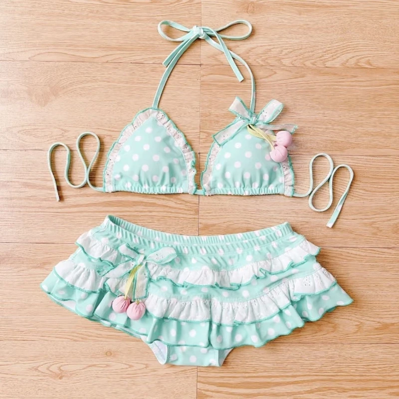 Summer Sweet Girls Micro Bikini Set Sexy Kawaii Tie Push-up Tankini Skirts Bottom Swimwear Beach Vacation Bathing Suit for Women