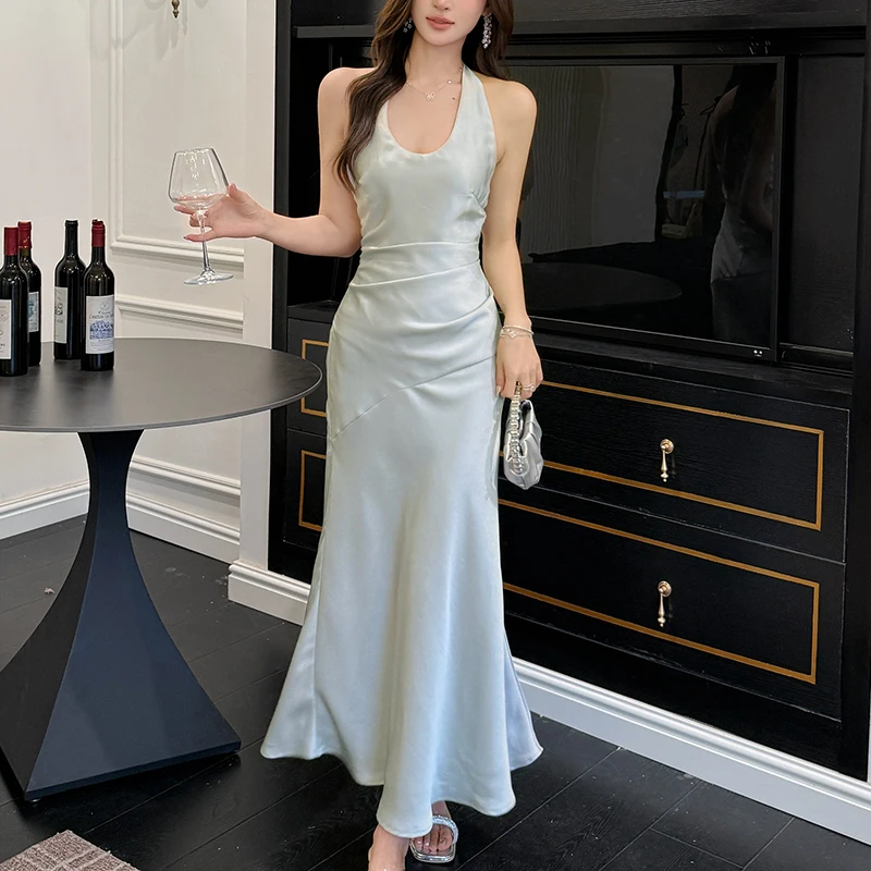 Fashionme feminino halter midi vestidos de cetim com gravata frontal sem costas dividida vestido de cetim oco