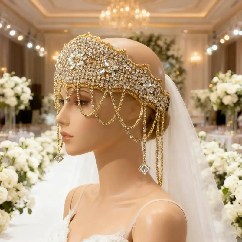 女王プリンセスクラウンヘアアクセサリーコスプレ小道具光沢のあるラインストーンタッセル弾性ヘッドバンドフェスティバルカーニバルパーティーヘッドギア