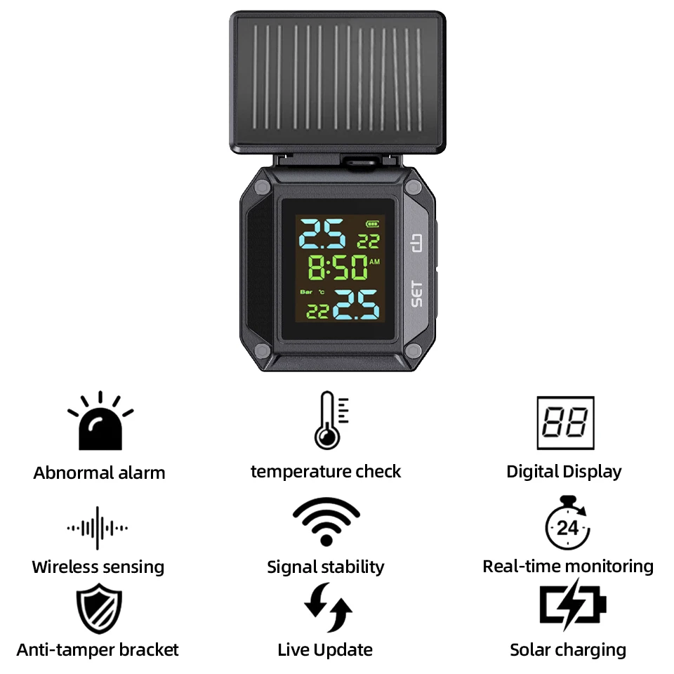 Solar USB Charging Motorcycle TPMS Wireless Tire Pressure Monitoring System 2 Tire Pressure Safety Alarm
