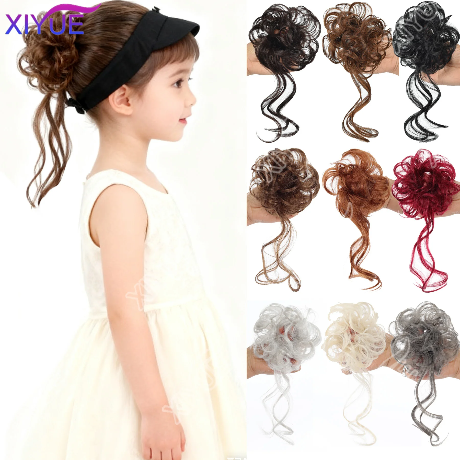

XIYUE Children's Wig Synthetic Small Curly Hair Bun Wig Rubber Band Style Messy Curly Hair Bun Suitable For Girls Daily Wear