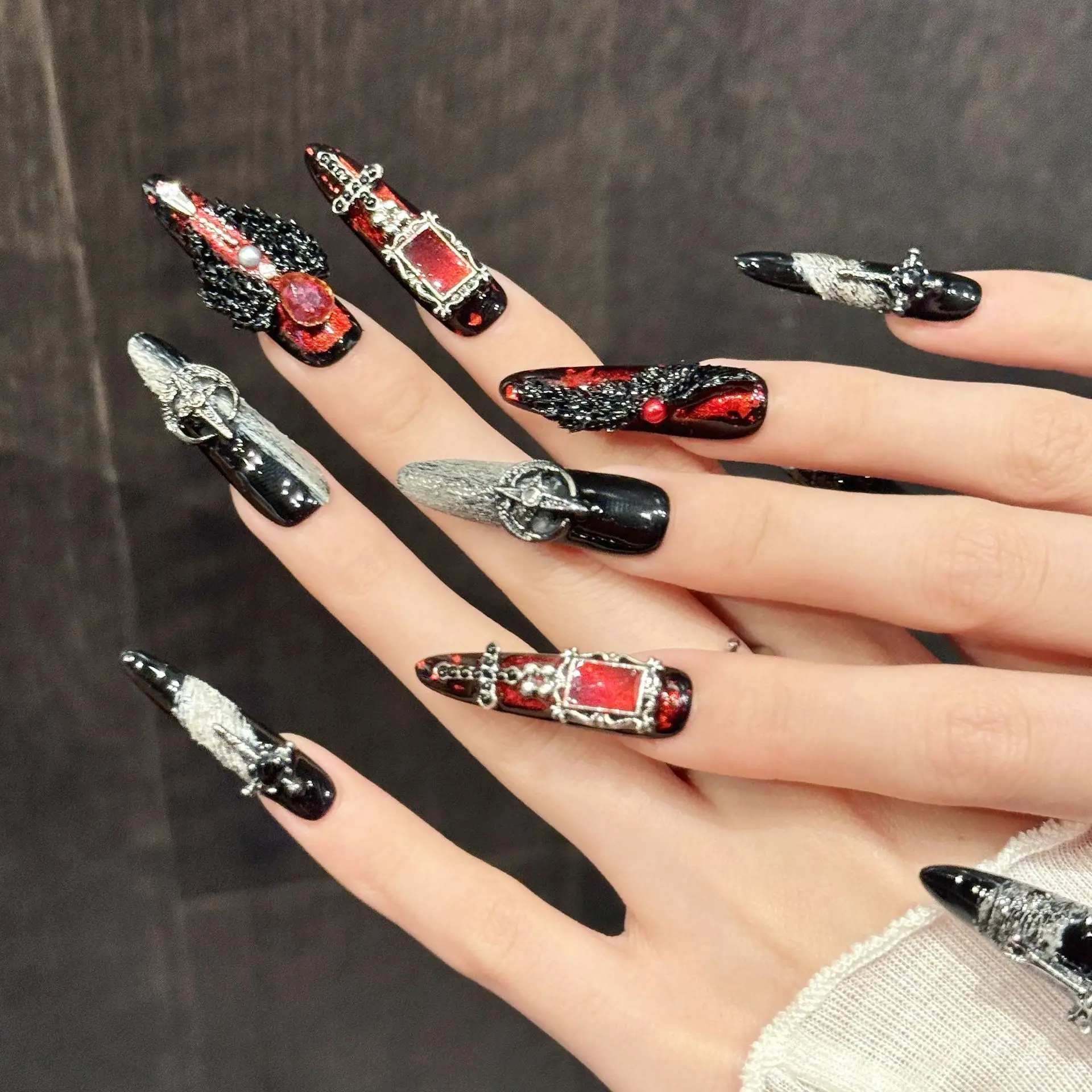 Long Slim Coffin Gothic Press on Nail, Black Red Cross Frame Dark Retro Nail Overlay, Reusable Nail Accessory for Daily Personality Portrait Activity