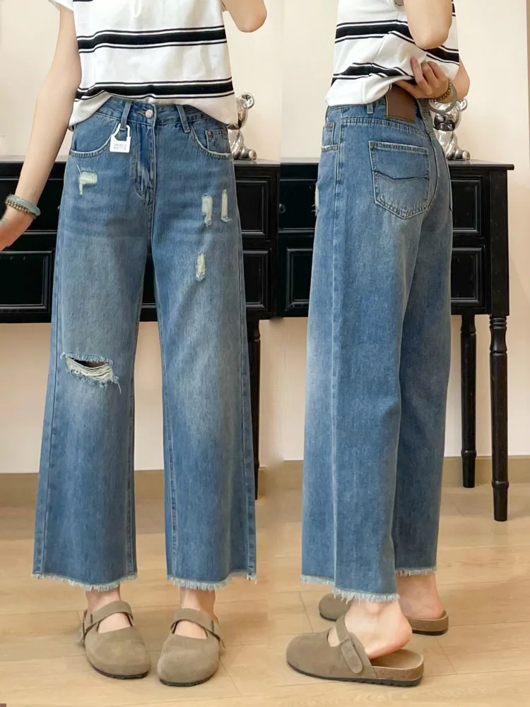 

Джинсы женские с высокой талией, широкие, из денима, больших размеров, летние, новая модель, рваные, с потертостями, свободные, прямого кроя, повседневные