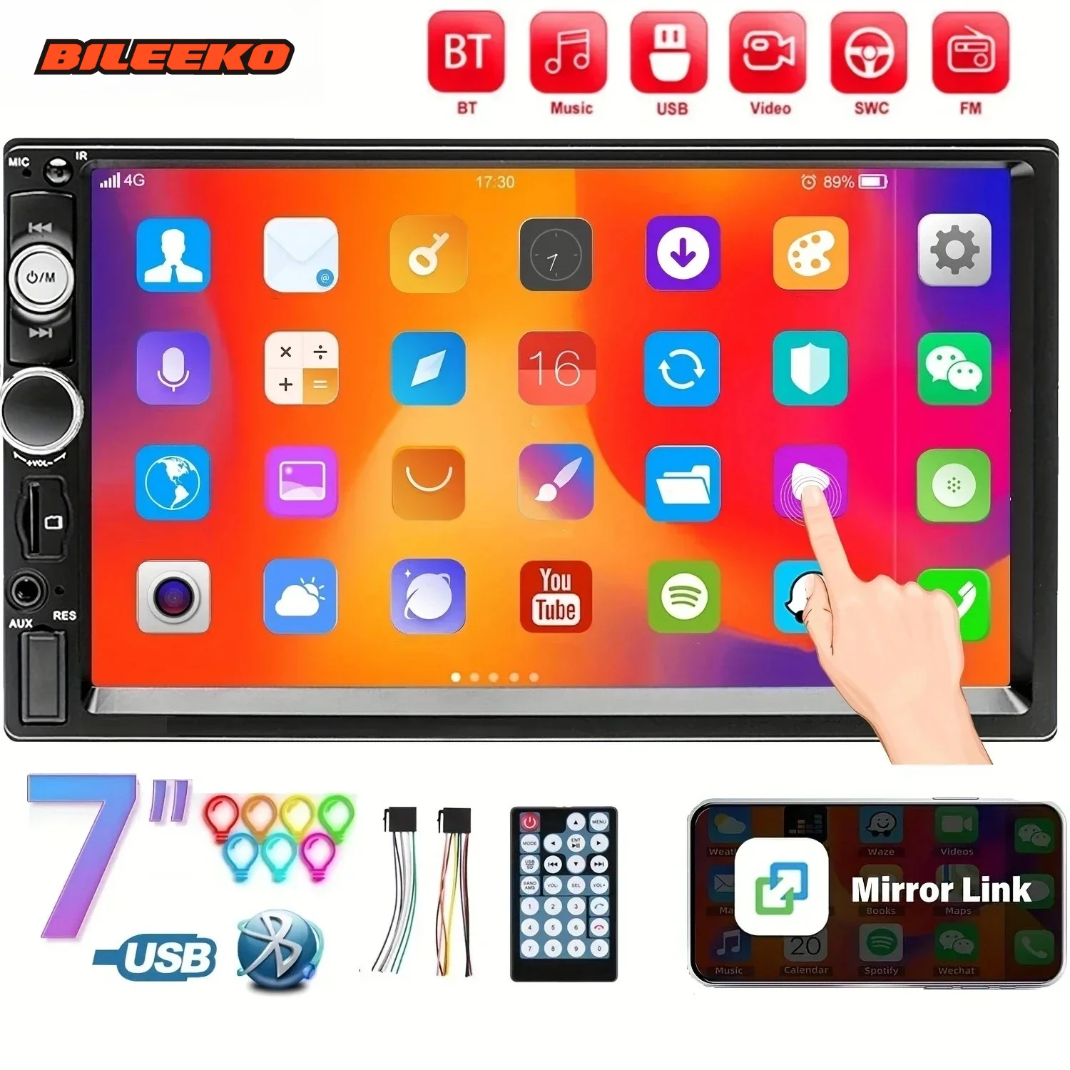 

Bileeko Double Din BT Wireless Car Stereo - 7" MP5 Touch Screen, FM Radio, USB/AUX/TF & Phone Mirror Link