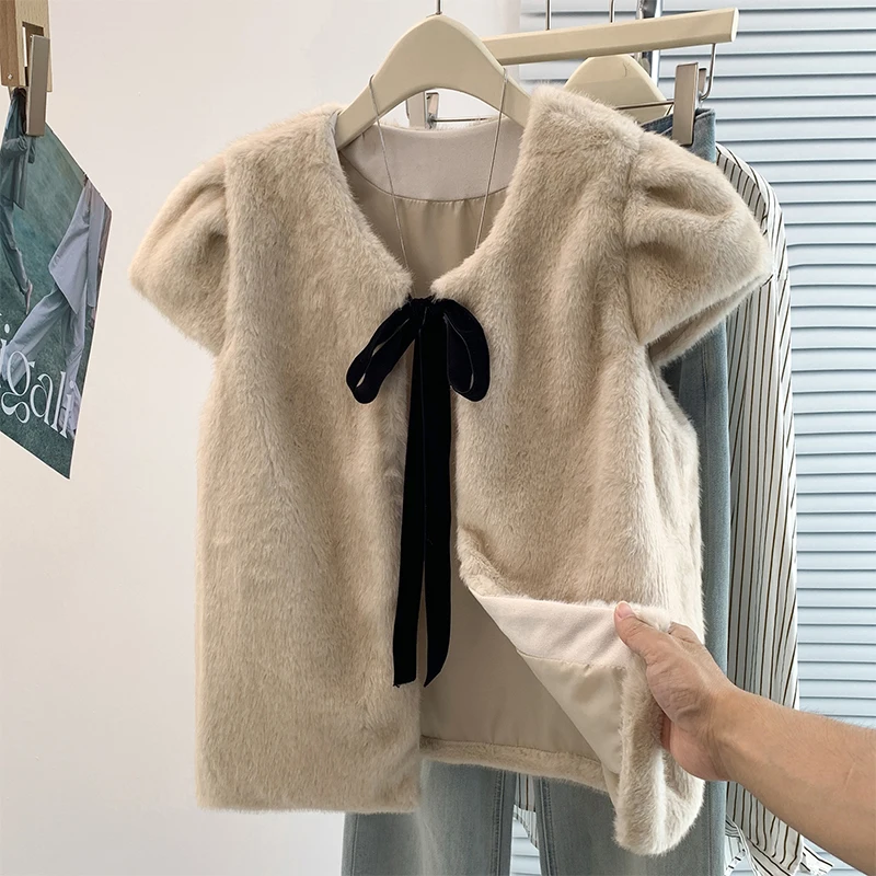 Korean Style Sweet Bow Tie Fur Jacket Small Fragrance Luxury Shoulder Pad Vest Outerwear Fashionable Versatile All Seasons