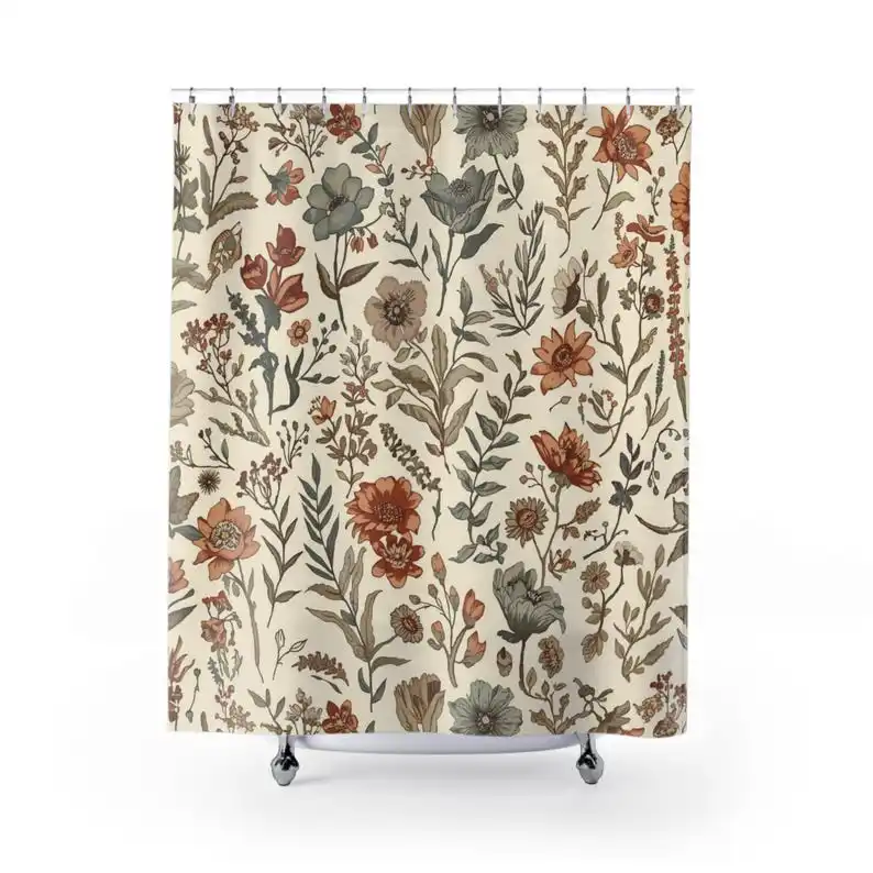 Vintage Floral Pattern Shower Curtain |   Neutral Botanical Blooms