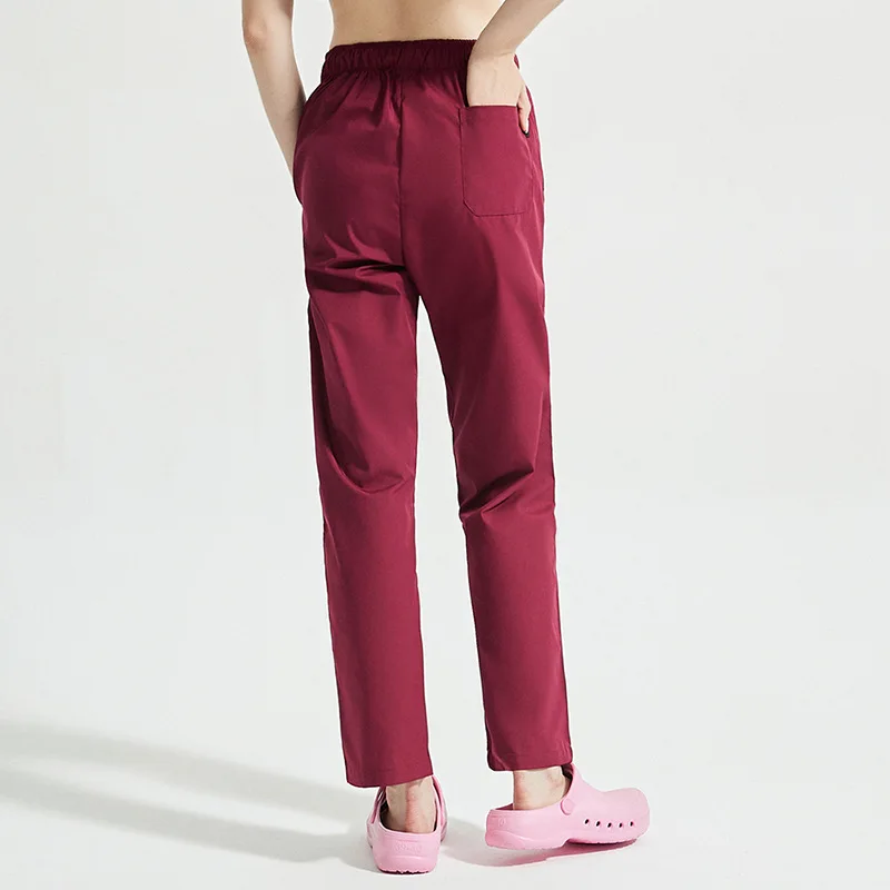 Pantalones cepillados con seis bolsillos para mujer, uniforme médico, ropa de trabajo para médico y enfermera, cintura elástica, parte inferior mate