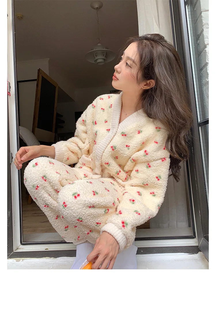 Women\'s Pajamas Warm Sweet Winter Flannel Home Clothes Female Cute Soft Sleepwear Set Thicken Lounge Nightwear Pijama Mujer