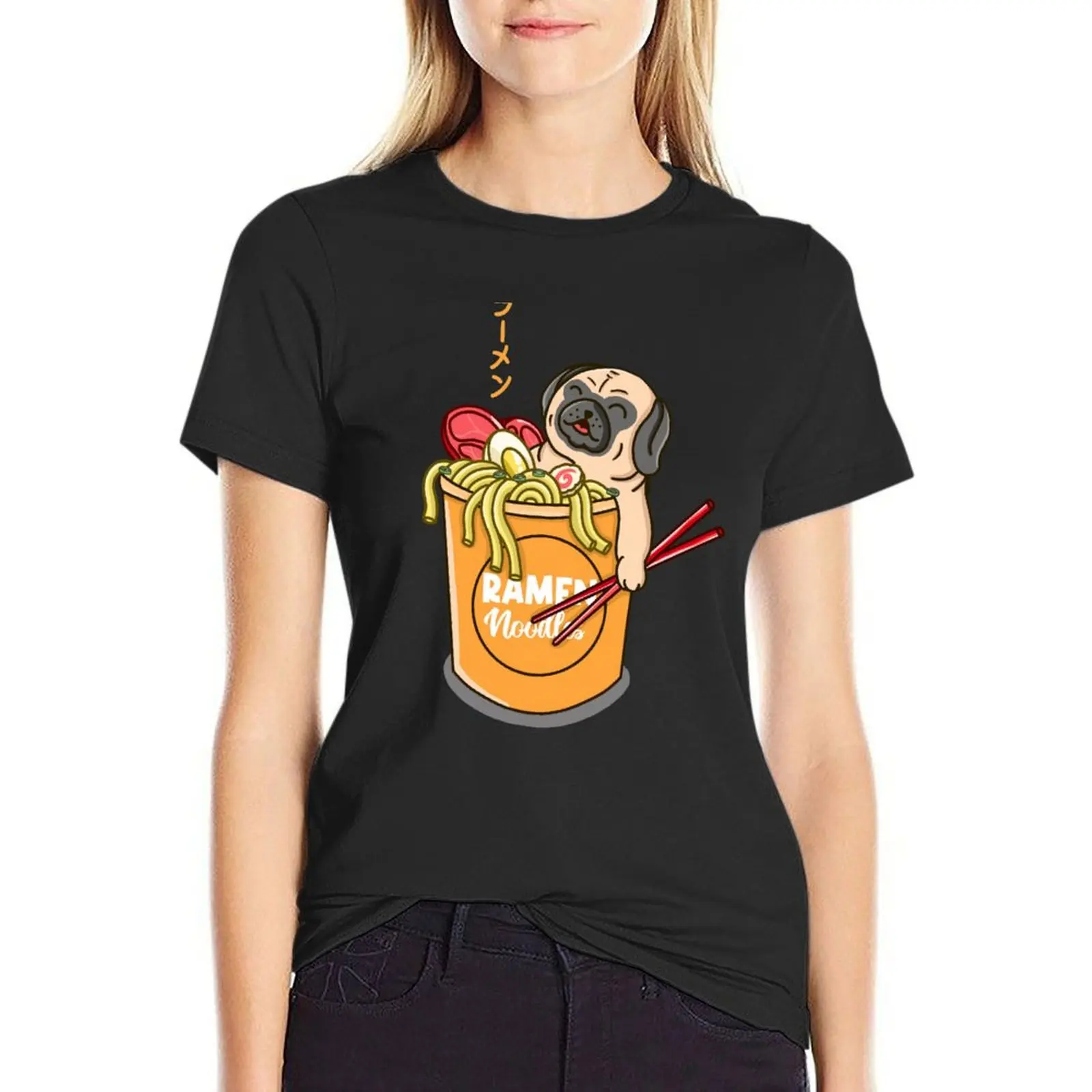 

Футболка Pug Loves Ramen Noodles с графикой, женская одежда, летняя одежда, женские футболки с графикой большого размера