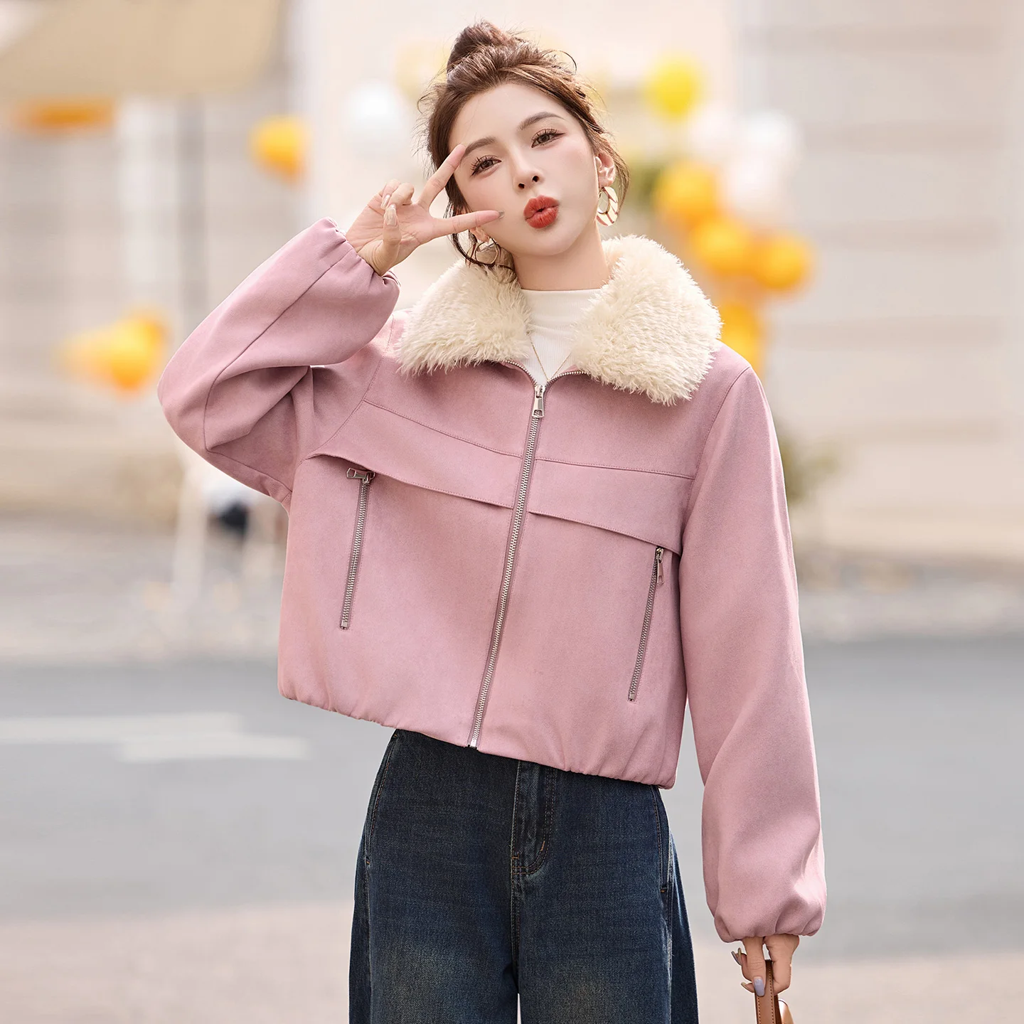 

Женский новый стиль Qiu Dong, одежда, модный темпераментный топ, короткая замшевая куртка с меховым воротником, теплое пальто на флисовой подкладке