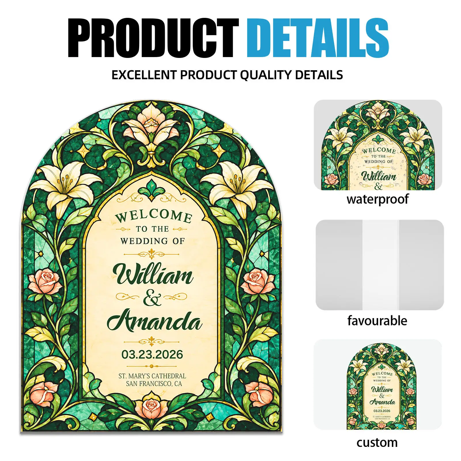 Personalized Wedding Welcome Sign Custom Names Date Stained Glass Floral Arch Sign for Wedding Entrance Reception Decor