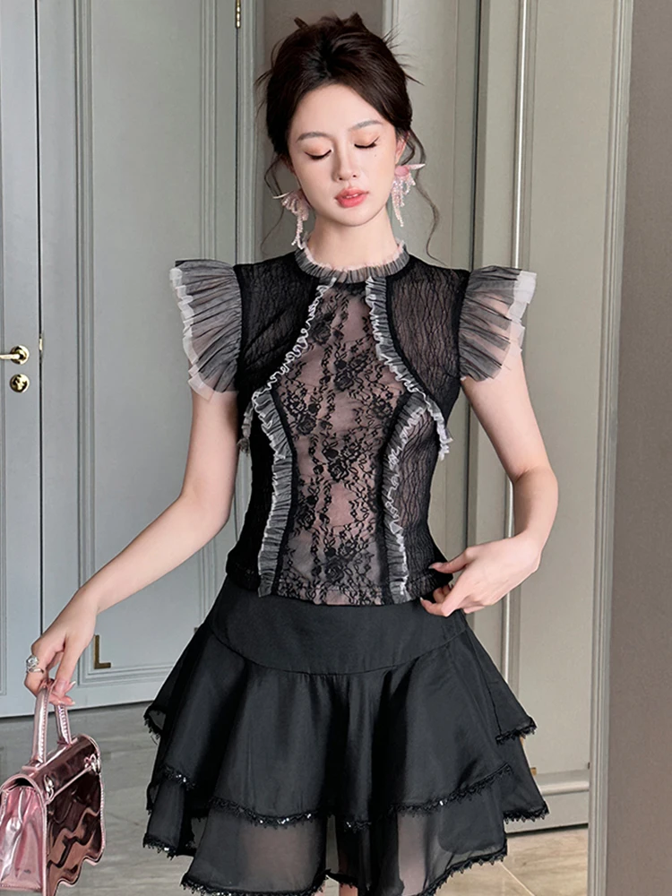 

Women's French Luxury Design Flying Sleeves T-shirt Female Exquisite Palace Style Black Tops Embroidered Ruffles Party Blouse