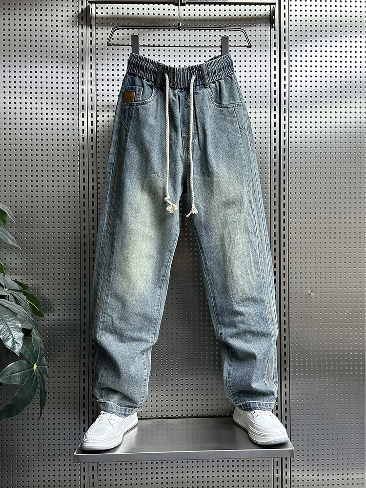 

Trendy Men's Loose Fit Straight Leg Harem Jeans American Vintage Waed Spring Summer Elastic Waist Casual Long Pants
