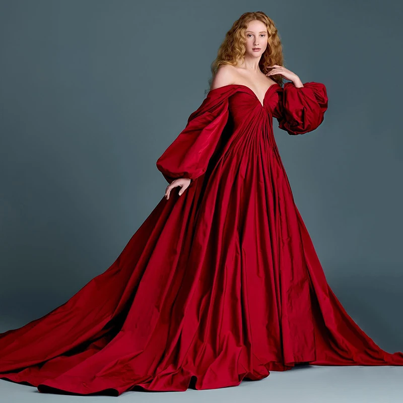 

Thinyfull Sexy Prom Dress A-Line Puff Sleeve Sweep Train Evening Party Gowns Dresses 2025 Formal Sweetheart Dark Red Plus Size