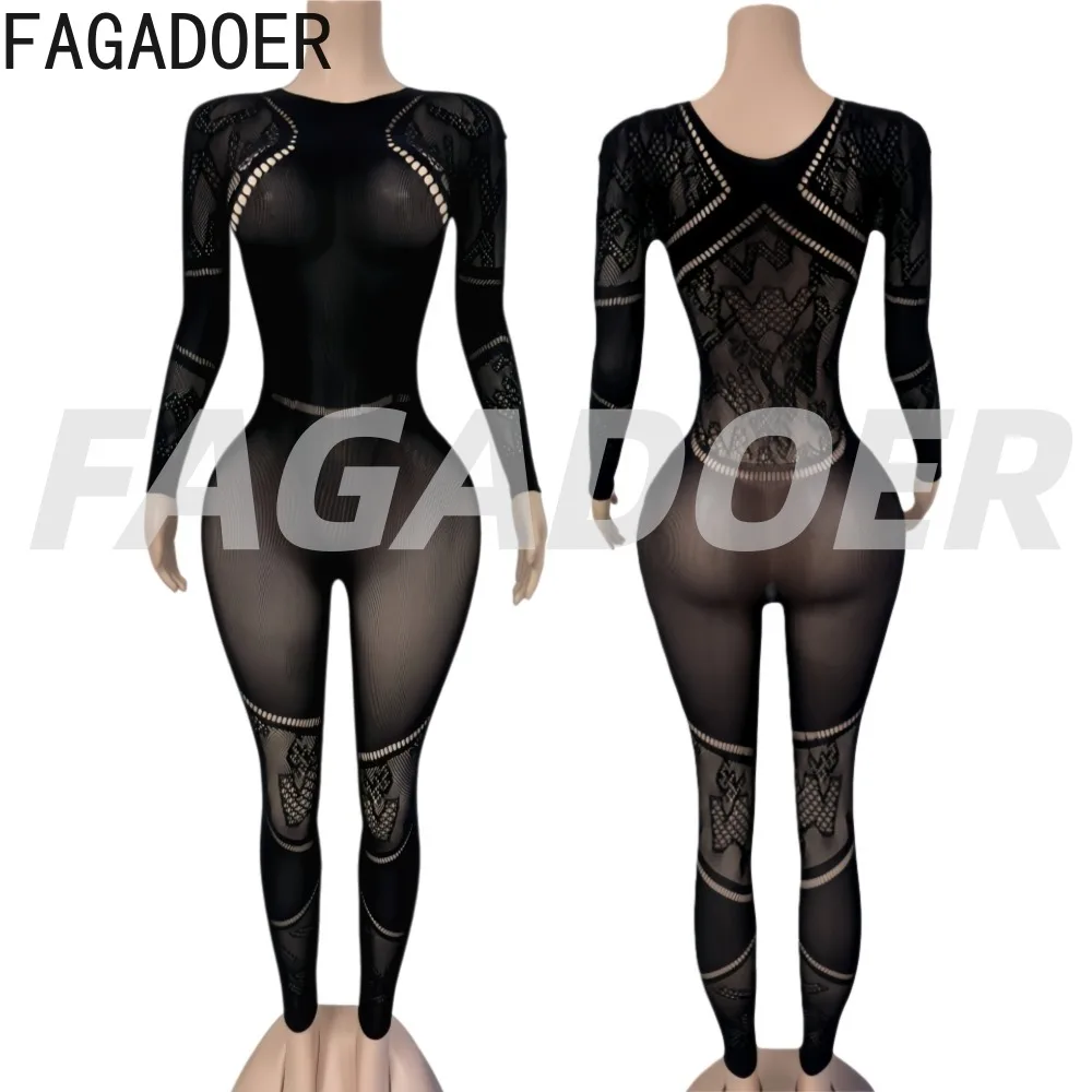 FAGADOER Sexy Stricken Bodycon Overalls für Frau Einfarbig Hohl-out Lange Ärmel Strampler Weibliche Streetwear Overalls Neue
