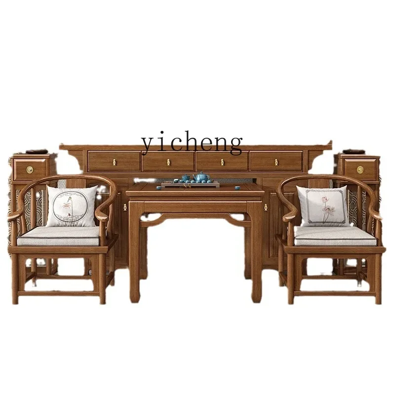 

New Chinese Solid Wood Altar Altar Old-Fashioned Square Table for Eight People Middle Hall Six-Piece Set God of Wealth Desk