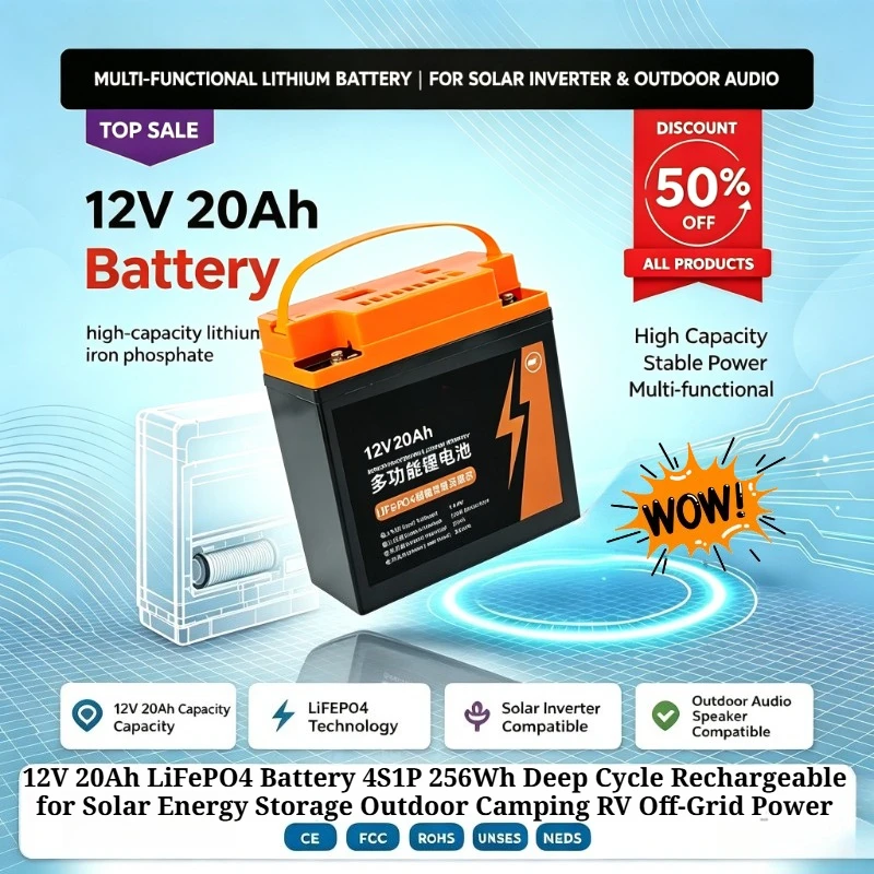 12V 20Ah LiFePO4 Battery 4S1P 256Wh Deep Cycle Rechargeable for Solar Energy Storage Outdoor Camping RV Off-Grid Power