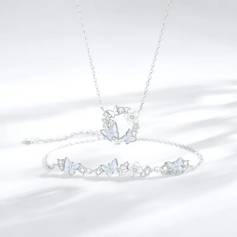 2-piece Set S925 Romantic Glow-in-the-dark Butterfly Sweet Bracelet Elegant Camellia Sparkling Zircon Necklace Women's Birthday