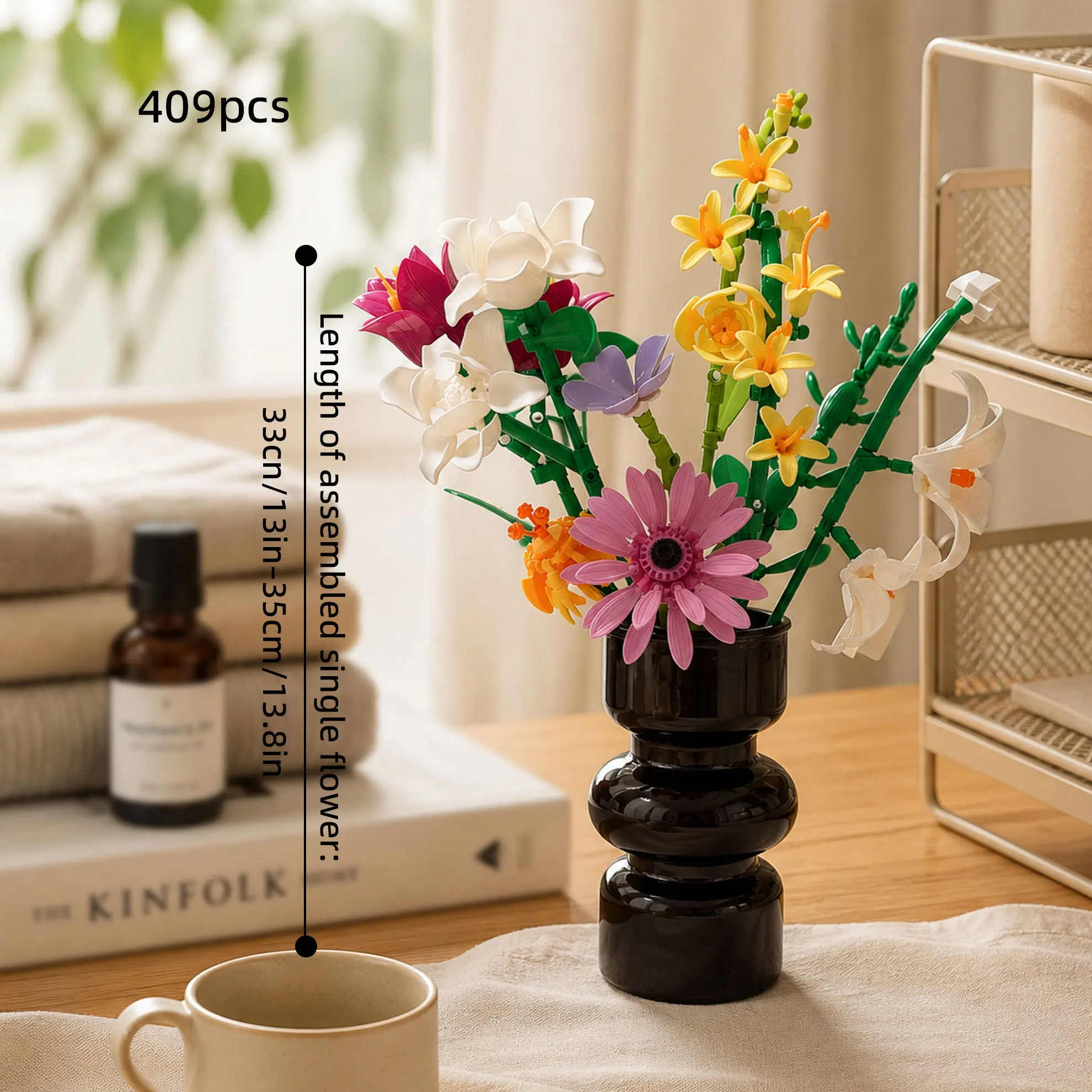 409-Piece Set of Mixed Building Block Bouquets in Wine Red + Milky White + Light Purple Gardenia, Daisy, and Freesia Scents, Warm-Toned Decoration for Living Room Tabletop, Gift for Flower Enthusiasts and Girls