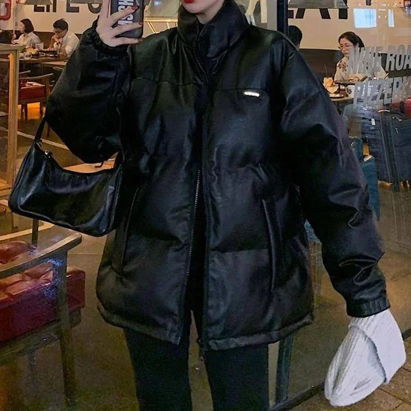 

Women Puffer Parkas Solid Black Bright Color Thick Korean Winter Faux Leather Jacket Fall Loose Coats Female Matte Outerwear