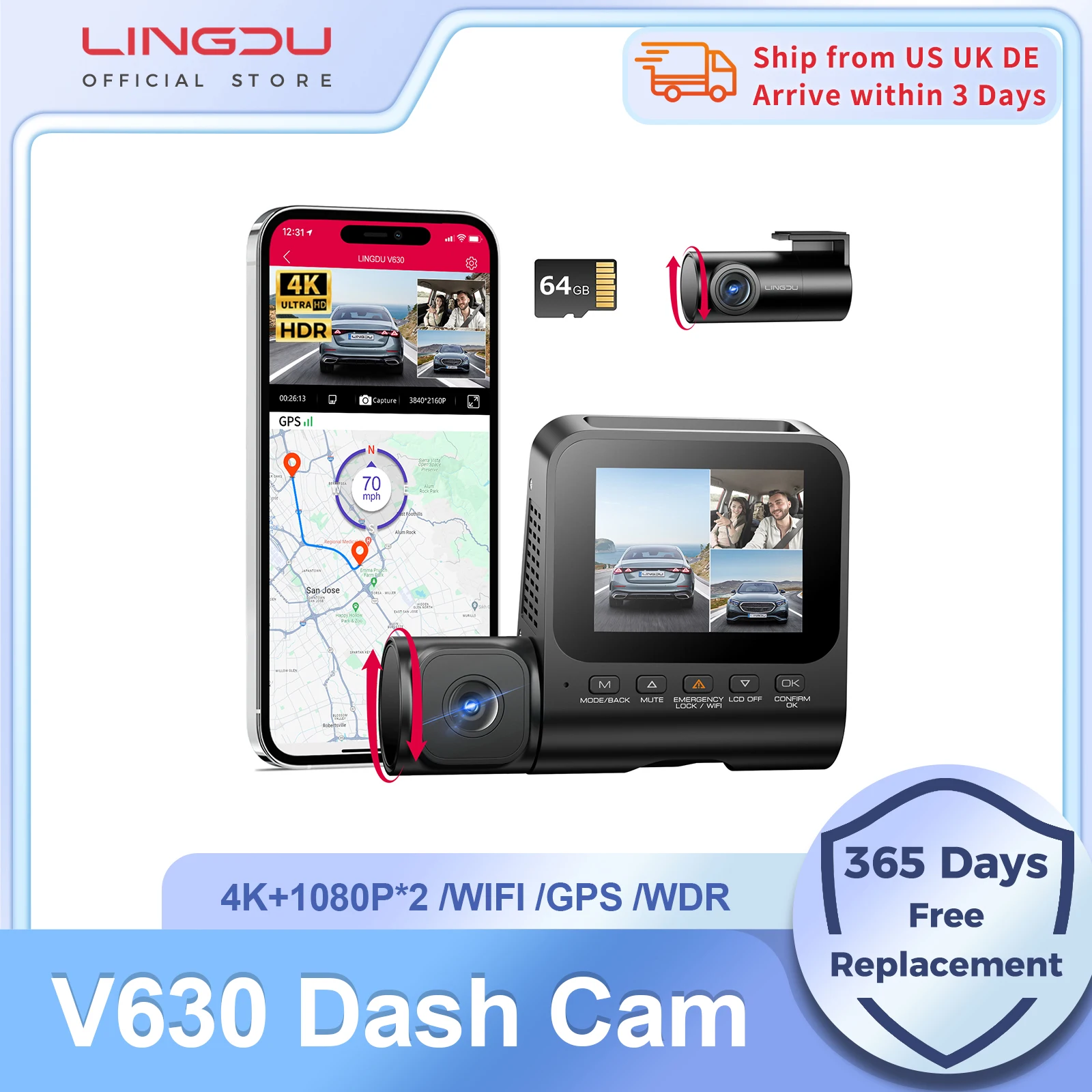LINGDU V630 Dash Cam 4K + 1080P + 1080P Telecamera per auto interna anteriore posteriore con visione notturna IR WIFI GPS Videoregistratore Monitor di parcheggio