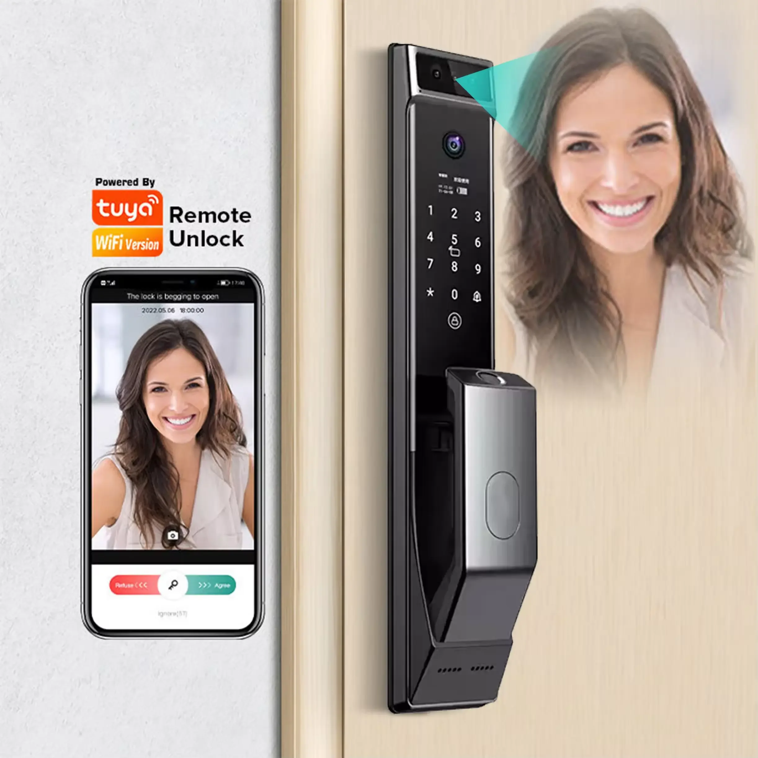 New Launch 3D Face Recognition Unlock Intercom Tuya WIFI 6068 Mortise Smart Door Lock With Camera Cerraduras Inteligentes