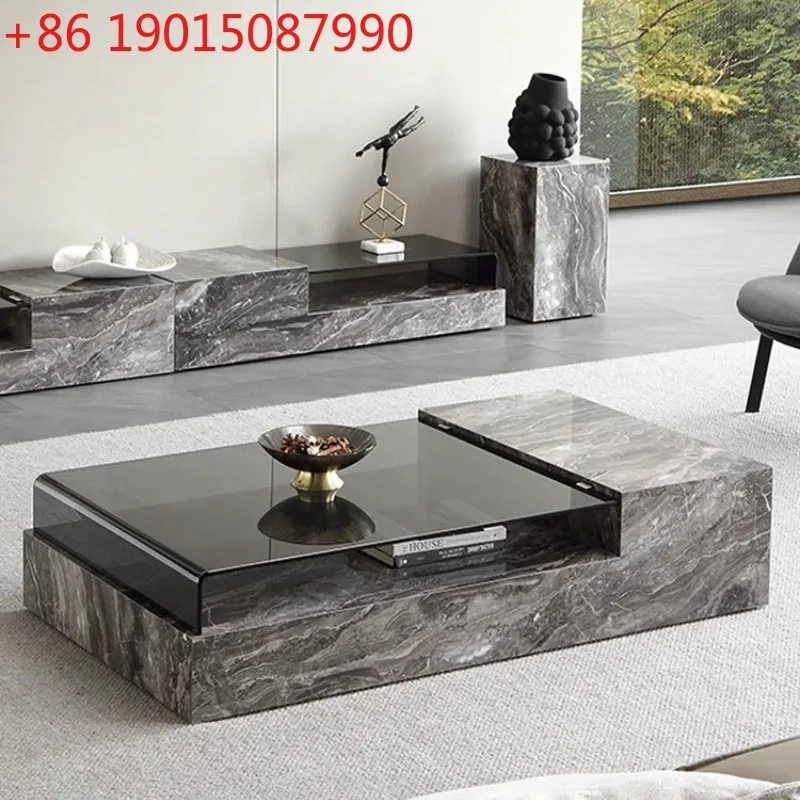 

Italian minimalist modern rock slab coffee table TV cabinet combination light luxury large and small apartment living room