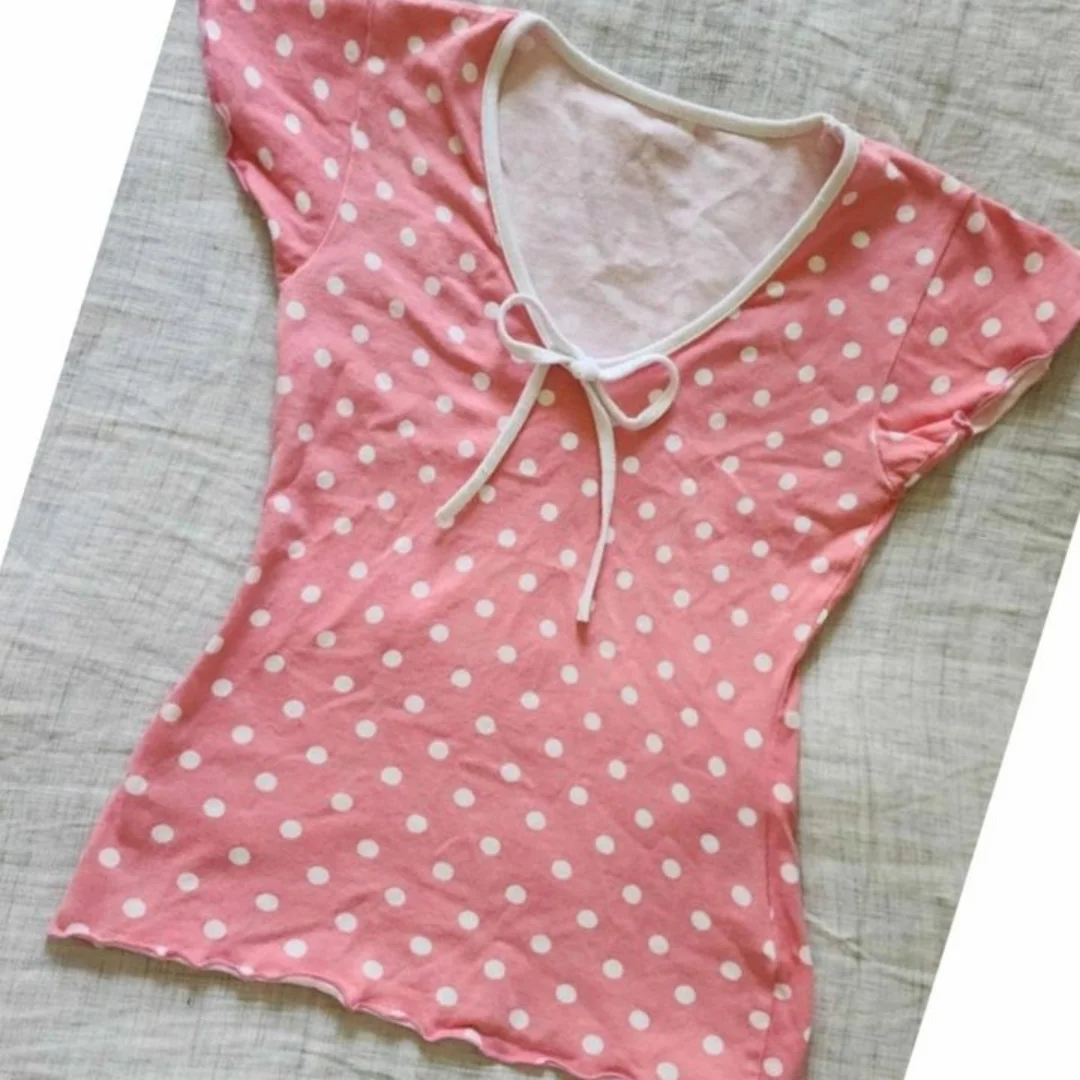 Summer Sweet Retro y2k Sweet Spicy Girl Sensation Wave Point Bow Shoulder Waist Short Sleeve T-shirt Top Millennium