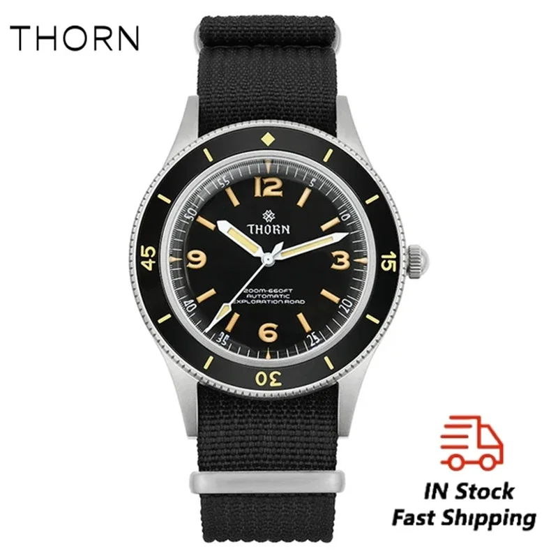 THORN Automatic Mechanical Men\'s Retro Diving Watch NH35 Movement Mechanical 316L Steel Mineral Crystal 200M Watchproof Luminous