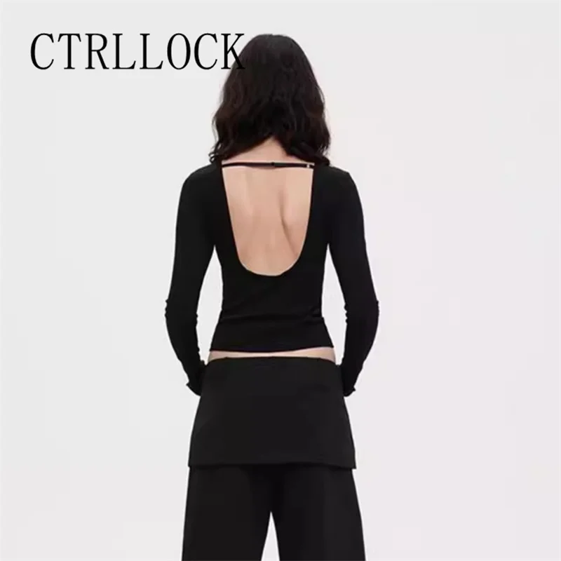 

CTRLLOCK Elegant Solid Color One Strap Slim U-shaped Backless Long Sleeve T-shirt