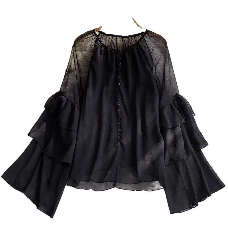 French Ruffle Patchwork Purple Shirt For Women 2025 New Design Sense Youthful Versatile Loose Bell Sleeve Top