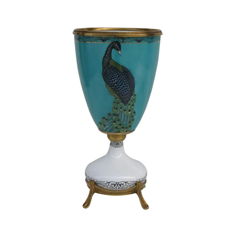 European peacock storage box high-grade ceramic inlaid copper simple creative tray art vase decorative flower branch ornament