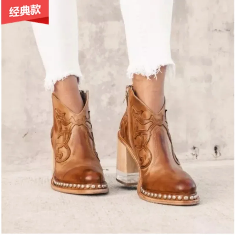 Female Ankle Boots 2023 Leather Women\'s Shoes Low Heel Cool British Embroidered Design Soft Short  Party Ladies Footwear