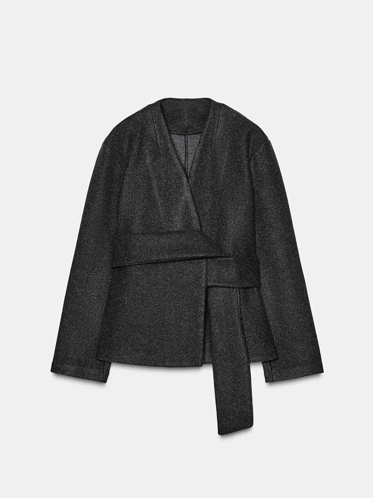 معطف نسائي أنيق وناعم مع حزام، إصدار جديد لشتاء 2025، أزياء نسائية عصرية بياقة على شكل V وأكمام طويلة للسيدات #5