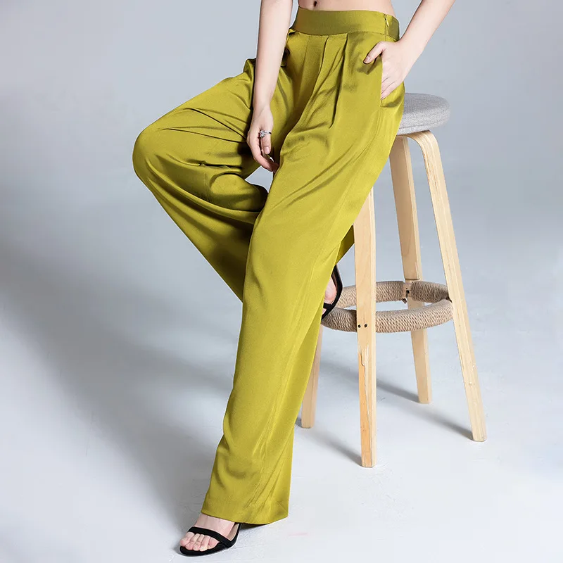 

Birdsky, 1PC Women trousers pants wide leg pant wide high waist floor length 95% real mulberry silk 2 colors, S-948