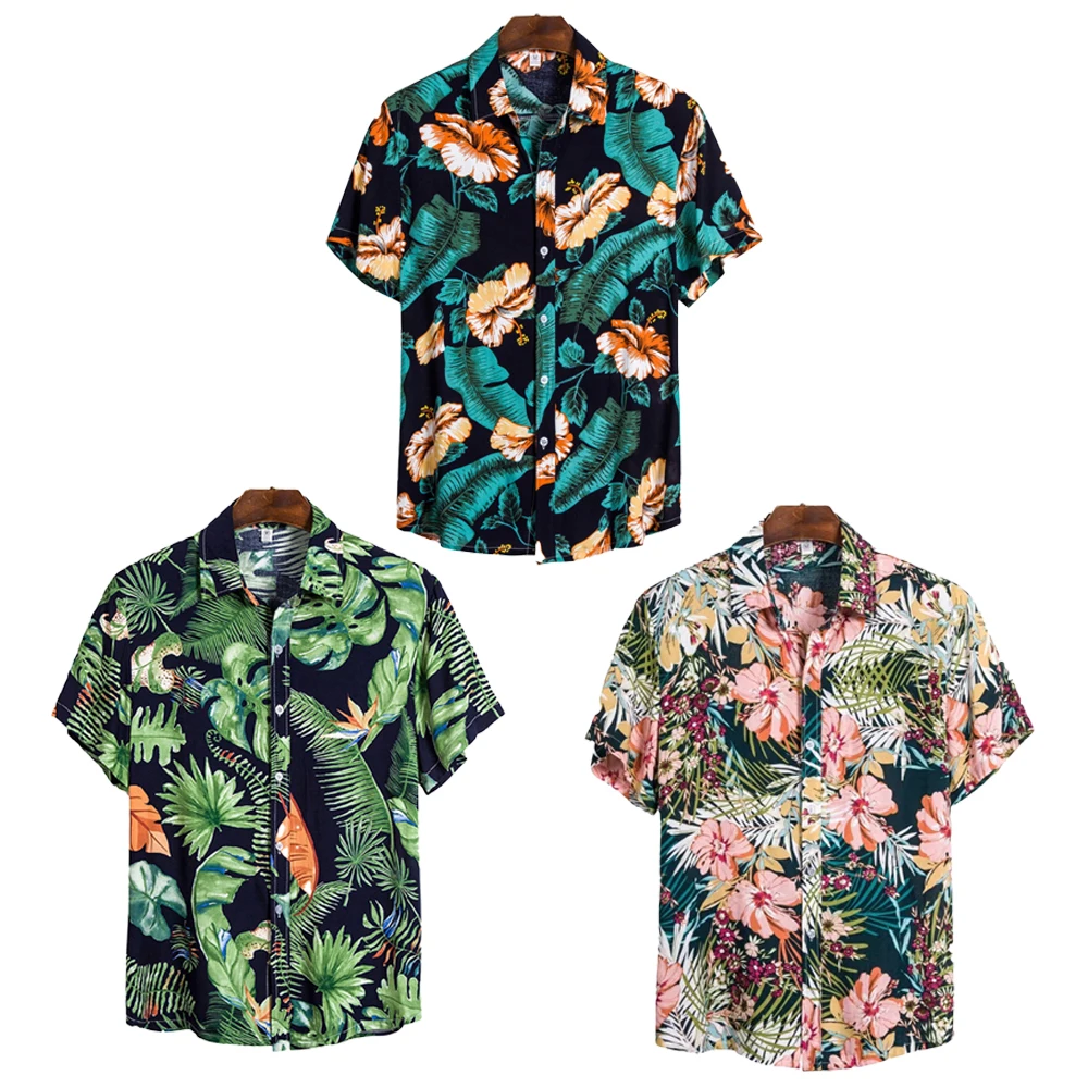 Men\'s Summer Short Sleeve Hawaiian Shirt Loose Fit Floral Print Tropical Cruise Beach Button Down Shirts Gentlemen Blouses