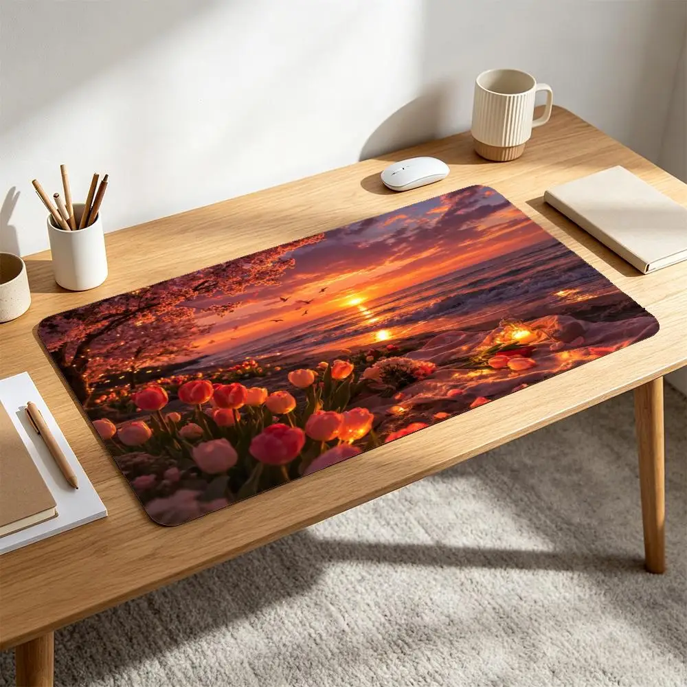 Ocean Beach Sunset Picnic Desk Mat, Tulip And Sakura Floral Seaside View Large Extended Mousepad, Gaming & Trading Card